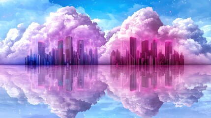 Fototapeta premium Dreamy city skyline reflected in a serene water body under colorful clouds, evoking a sense of wonder and tranquility.