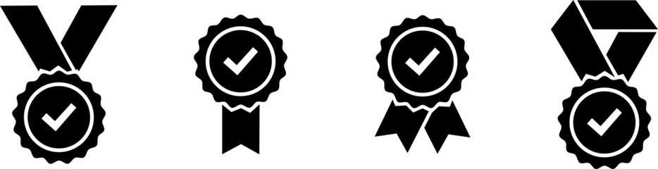 Approval vector icon. Approved stamp or medal. Certificate symbols isolated on white background. Set premium quality badges with ribbons. Vector illustration.