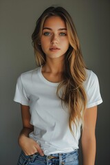 Obraz premium woman long hair wearing white shirt jeans perfect face symmetry alluring eyes blond inspiring teenage girl cute top modern profile