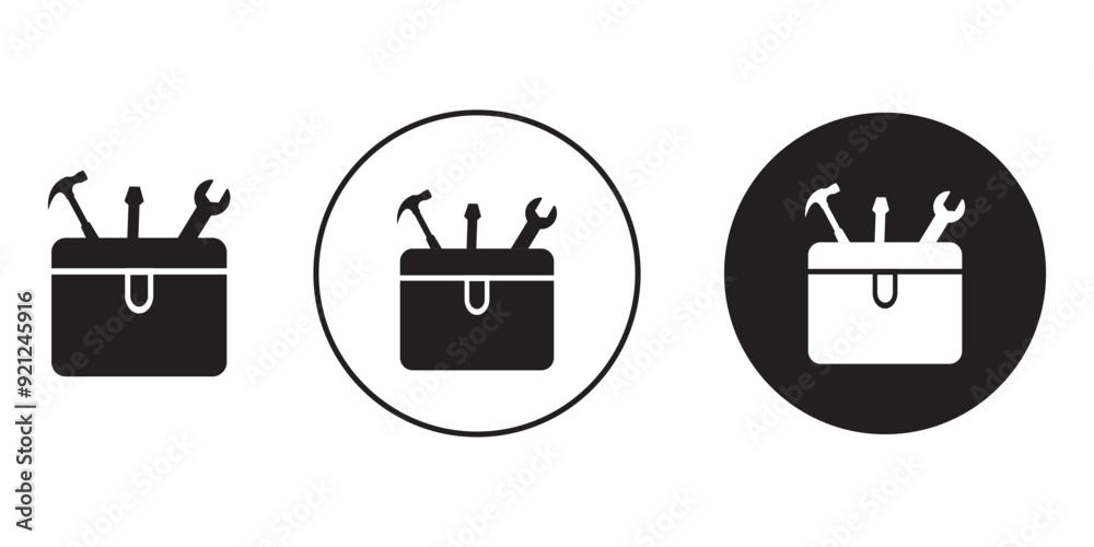 Poster toolbox vector icon set. carpenter toolkit vector icon. hardware tool box sign in black color stock 