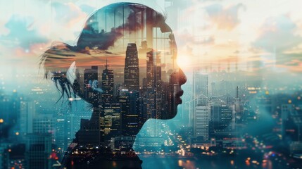 Obraz premium psychology and thought worlds - portrait person with double exposure city skyline - work life balance