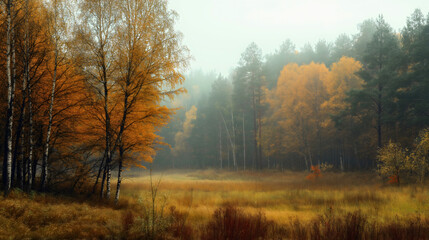 Autumn scenery, beautiful landscape of nature, misty or foggy woodland, scenic outdoor natural environment, trees with yellow and brown leaves or foliage, wilderness during fall season, gloomy weather