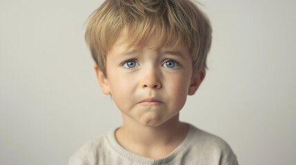 Young boy isolated from the background, lonely Caucasian male child, unhappy kid, upset and worried child or toddler due to problems, showing through facial expressions emotions of loneliness, sadness