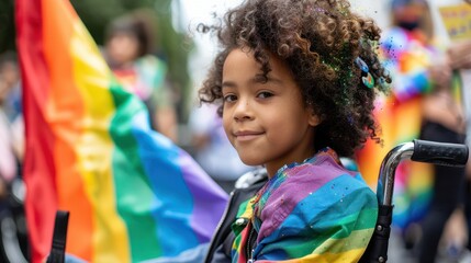 rainbow month afro equality disability copy child wheelchair mobility in with celebrating flag inclusion diverse during girl disabled pride parade black with festival gay space happy pride young