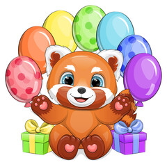 Cute cartoon red panda with rainbow balloons and gifts. Vector illustration of an animal on a white background. © Olena