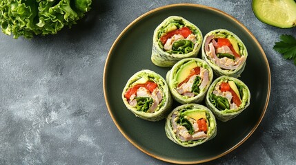 Five green wrap rolls filled with avocado, ham, and vegetables symbolize healthy eating, fresh ingredients, balanced meals, culinary creativity, and vibrant flavors.