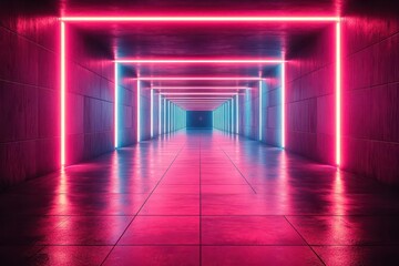 futuristic nightclub interior bathed in pulsating neon geometric laser grids form a mesmerizing tunnel of light empty dance floor awaits reflecting a symphony of electric blues and hot pinks