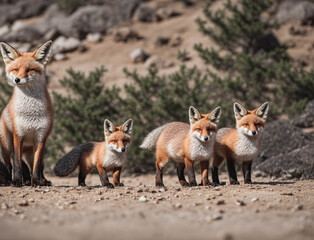 Obraz premium Four foxes are standing in a field, with one of them being a mother