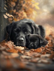 two black dogs laying ground together colored leaves falling motherly uniquely father child short muzzle underexposed