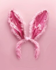 Easter Bunny Ears. Pink Satin Rabbit Ears Decorated with Fur for Spring Celebration