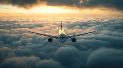 Commercial airplane in tranquil skies at golden sunset.