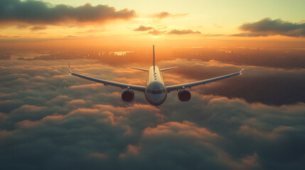 Airplane flying above clouds with beautiful sunset sky.