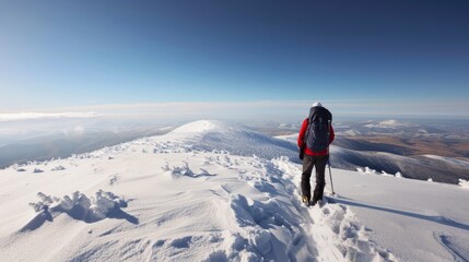 Solo Hiker Exploring Snowy Landscape on a Clear Day