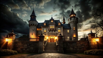 Obraz premium A stone castle with lit windows and a long stairway at night, a dramatic, cloudy sky in the background.