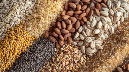 Obraz premium Top view of veriety natural organic cereal and grain seed for healthy food ingredient or agricultural product concept