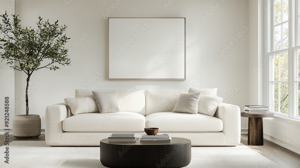 Poster a white couch sits in front of a large white wall with a picture frame. a potted tree is in the corn