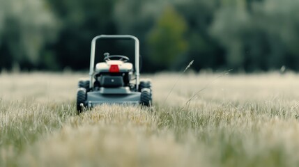 Lawn Mowing at Sunset in a Residential Neighborhood