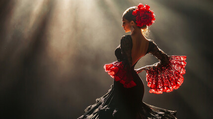 Flamenco dancer on stage. Stage lights, long dress, beautiful woman	