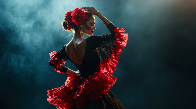 Flamenco dancer on stage. Stage lights, long dress, beautiful woman	