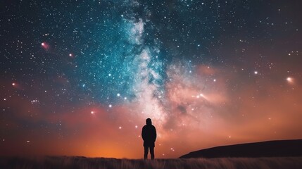 Fototapeta premium Person Gazing at Starry Night Sky Over Calm Water