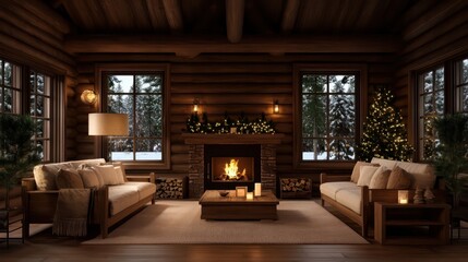 A cozy living room with a fireplace and a Christmas tree. The room is filled with wooden furniture and has a warm, inviting atmosphere