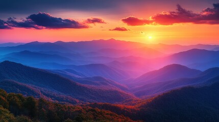 Colorful sunset over the smoky mountains. Suitable for travel brochures, nature magazines, inspirational quotes, and website backgrounds.