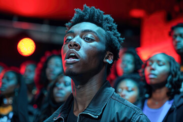 Fototapeta premium An African-American man with afro hair sings in front of a crowd. The crowd choruses along with him.