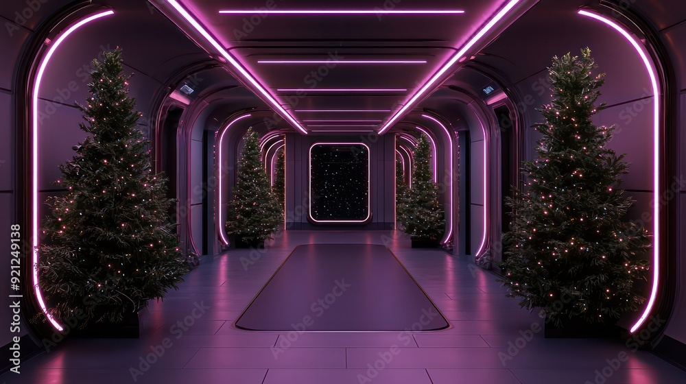 Poster a long hallway with two christmas trees in the middle. the trees are lit up with pink lights