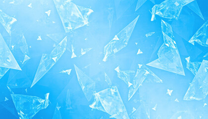 Abstract Geometric Crystal Shapes Floating in a Soft Blue Background with Light Refractions and Translucent Triangular Fragments
