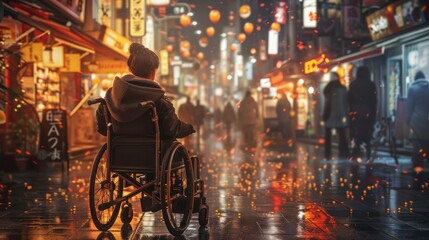 Obraz premium Woman in a wheelchair navigating a bustling city street lined with shops and illuminated by warm ambient lighting.