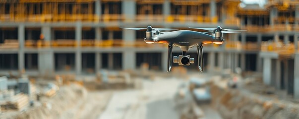 AI-assisted construction site, drones scanning structures, urban technology
