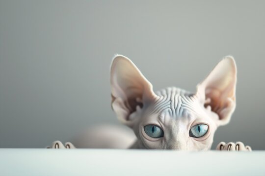 kitty cat kitten blue eyes peeking table hairless long gargoyle albino dwarf haircut alluring looking away viewer bath classic alien cute boy creeper