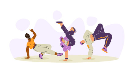 Break dancers handstands, vector breakdancer teenagers hip hop performance, cartoon cool boy girl dancing street dance