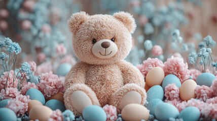 Cute Teddy bear and Easter eggs.