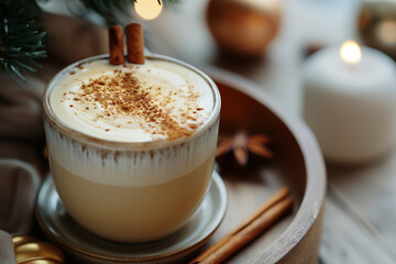 Warm pumpkin latte adorned with whipped cream and a cinnamon stick
