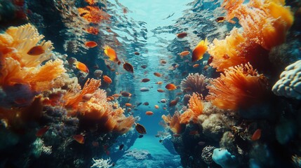 Obraz premium Vibrant coral reef teeming with colorful fish in a clear tropical ocean