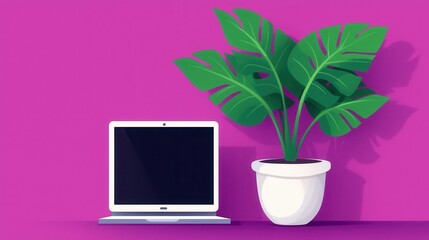 A modern workspace featuring a laptop and a potted plant against a vibrant pink background, perfect for creative inspiration.