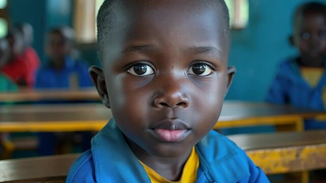 A curious child sits at a wooden desk, fully engaged in an educational moment amid a brightly colored classroom