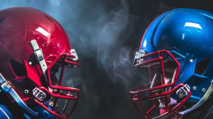 Fototapeta premium An athletic rivalry is depicted with two American football helmets, one red and one blue