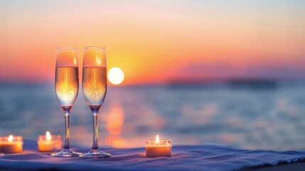 Sunset Celebration With Champagne Glasses and Candles on the Beach