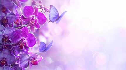 Violet orchid Neon Color flowers with butterflies on white background AI Generated image