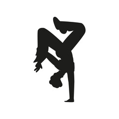 Break dancer dynamic pose black silhouette vector icon, breakdancer in handstand action, teenager hip hop performance