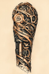 sketch of a full tattoo sleeve in a steampunk style. The design should incorporate intricate gears, cogs, and mechanical elements seamlessly integrated with Victorian-era aesthetics. 