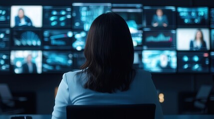 Businesswoman in a virtual meeting, surrounded by holographic screens displaying charts and colleagues, [Remote work], [entrepreneurship].
