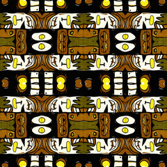 Modern tribal shape mud cloth effect seamless pattern. Stylized Shape doodle in khaki brown color background design of printed patterned fabric repeat.