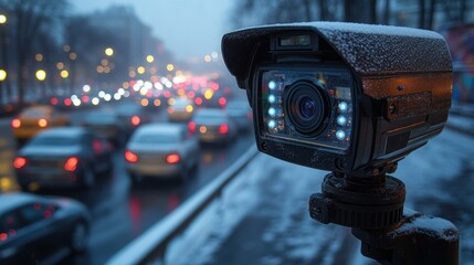 Snow-dusted camera facing busy urban evening traffic.