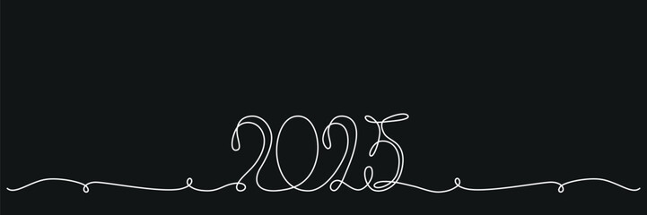Decoration continuous line hand drawing sign for 2025 year calendar. Vector stock illustration minimalism design isolated on black chalkboard background. Editable stroke single line. 