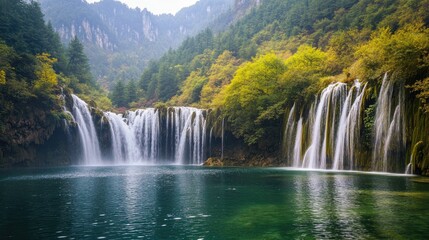 Fototapeta premium A beautiful shot of Jiuzhaigou Valley's layered terraces, with waterfalls flowing into emerald green pools below.