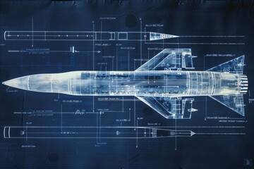 on blue paper, technical diagram of the supersonic ballistic missle