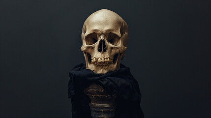 skull resting on a black stone pillar, black background